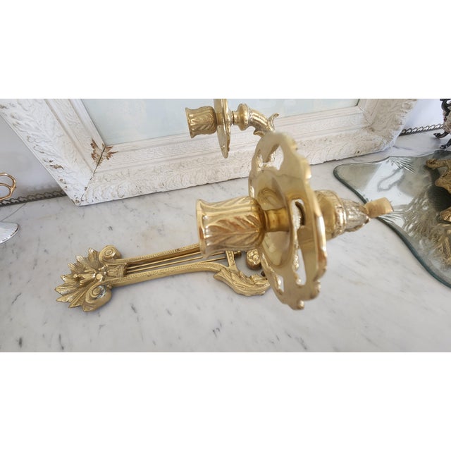 1980s Vintage Chinese Lacquered Brass Lyre-Form Double-Arm Candle Wall Sconce For Sale - Image 5 of 18