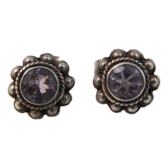 1950s Southwestern Amethyst and Sterling Petit Point Stud Earrings - 2 Pieces For Sale