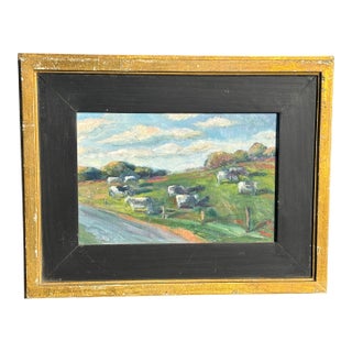 Dairy Cows - Mid 20th C. Farm Landscape - Original Oil on Board in Period Frame For Sale