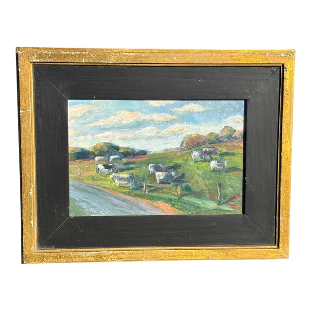 Dairy Cows - Mid 20th C. Farm Landscape - Original Oil on Board in Period Frame For Sale