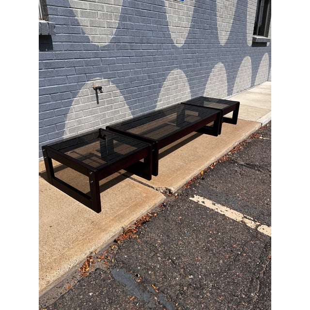 Percival Lafer Brazilian Rosewood & Glass Table Set, 1960s Set Includes: One coffee table and two matching side tables...
