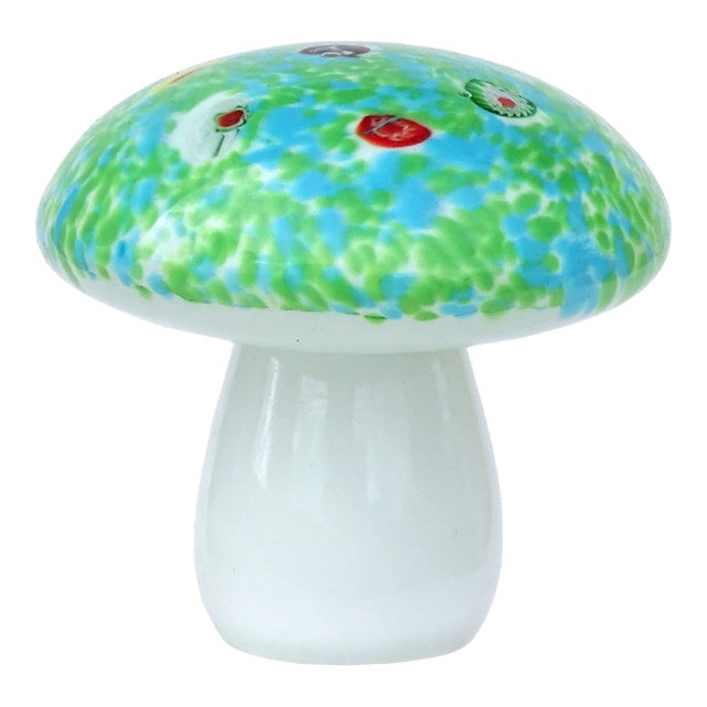 Vintage Murano Flower Millefiori Canes Green Blue White Italian Art Glass Mushroom Toadstool Paperweight Sculpture For Sale