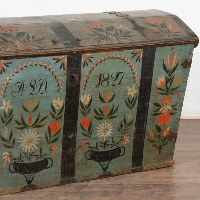 Early 19th Century Original Blue Painted Swedish Dome Top Oak Trunk Dated 1827 For Sale - Image 10 of 14