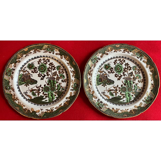 Antique 19th Century Spode Chinoiserie Ironstone Dinner Plates in Green & Black With Gold - A Set of 10 For Sale - Image 9 of 18