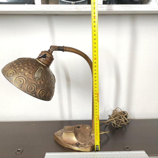 Art Deco Antique Italian Art Deco Hammered Brass Desk Lamp With Spiral Motif, C. 1930s For Sale - Image 3 of 10