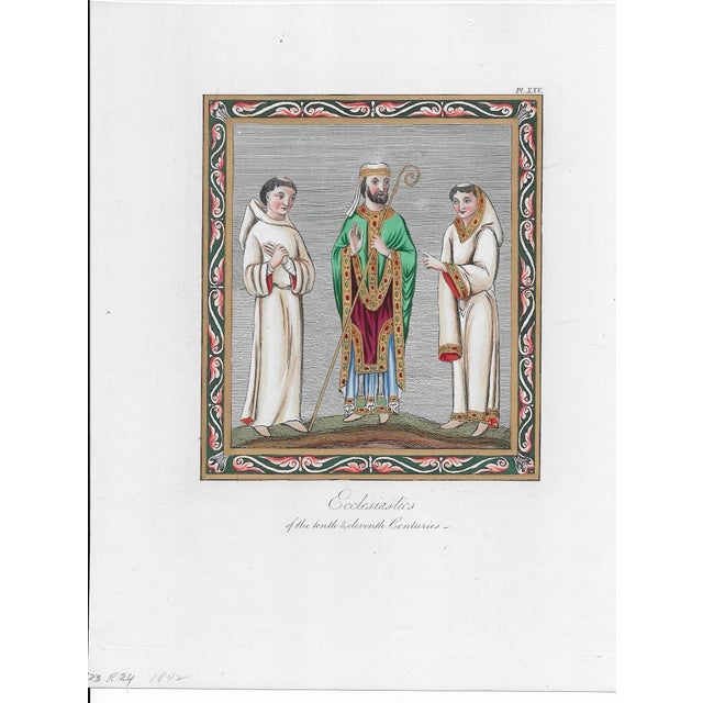 1842 hand colored engraving with gold paint from Joseph Strutt's (1749-1802) "A Complete View of the Dress and Habits of...