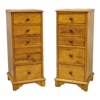 Vintage Maple Wood 5 Drawer Nightstand Bedside Tall Chest End Tables - a Pair For Sale