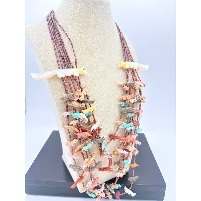 Seven‑strand mixed‑stone fetish necklace featuring hand‑carved animal figures in turquoise, serpentine, jet, shell,...