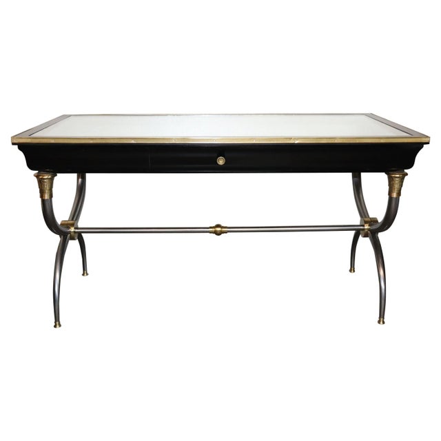 Rare Brass and Steel Aged Mirrored Top John Vesey Style Ebonzed Writing Desk For Sale - Image 13 of 13
