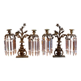 19th Century Pair of Marble and Bronze Crystal Candelabra For Sale
