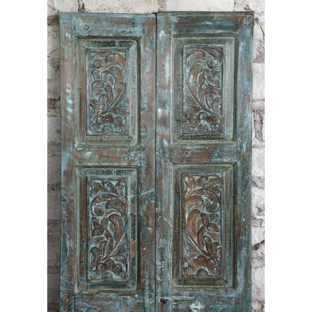 Mid-Century Modern Antique Blue Floral Hand-Carved Barn Door in Reclaimed Wood | Sliding Statement Door 80x32 For Sale - Image 3 of 5