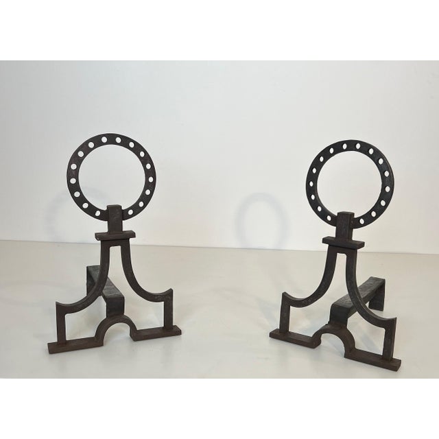 Mid-Century Modern Pair of modernist wrought iron andirons in the style of Gilbert Poillerat For Sale - Image 3 of 12