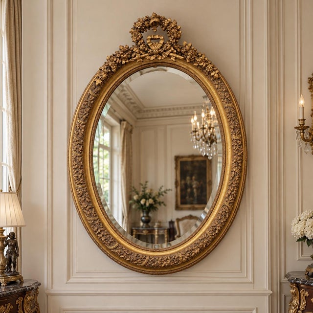 This elegant circa 1970 Louis XVI–style oval wall mirror combines classic French-inspired neoclassical design with a...