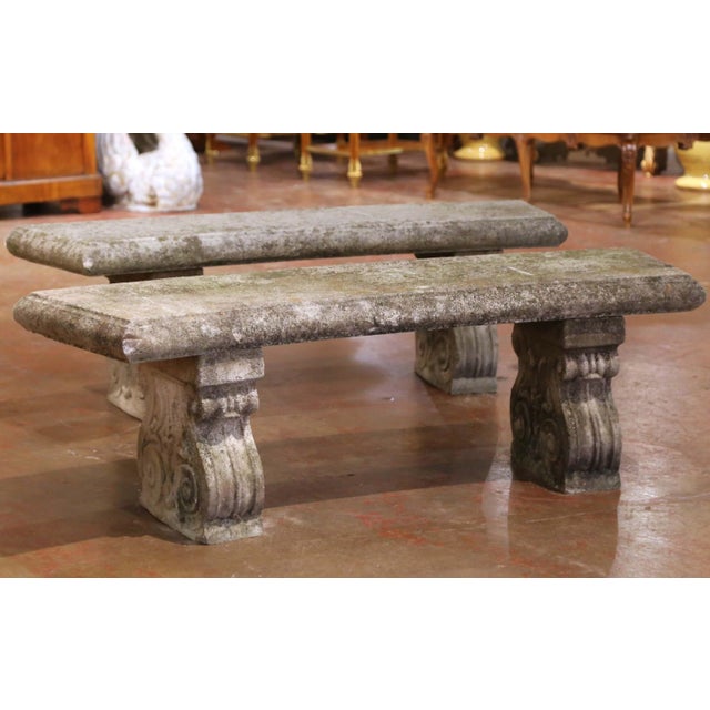 Pair of Early 20th Century French Weathered Curved Cast Stone Garden Benches For Sale In Dallas - Image 6 of 9