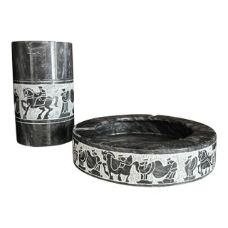 Black & White Marble Canister With Lid and Matching Dish/Ashtray, Etched Procession of Horses, Chariots, Robed Men For Sale