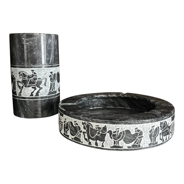 Black & White Marble Canister With Lid and Matching Dish/Ashtray, Etched Procession of Horses, Chariots, Robed Men For Sale
