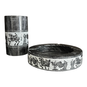 Black & White Marble Canister With Lid and Matching Dish/Ashtray, Etched Procession of Horses, Chariots, Robed Men