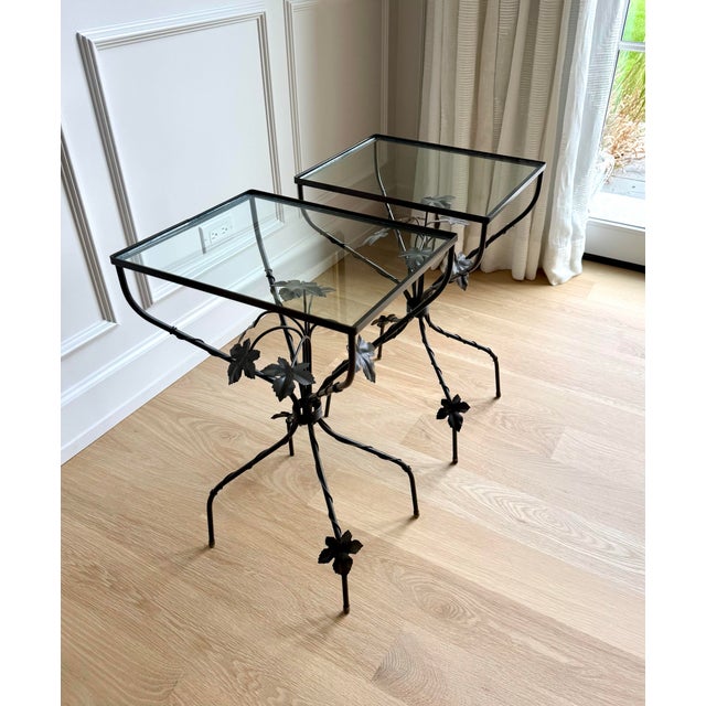 Metal Vintage Sculptural Wrought Iron Ivy Leaf Glass-Top Side Tables by Scully & Scully – Pair For Sale - Image 7 of 10