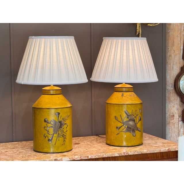Yellow Early 20th Century French Tole Tea Canister Table Lamps For Sale - Image 8 of 14
