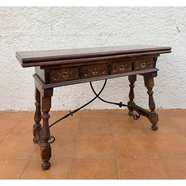 Baroque Spanish Carved Wood Drop-Leaf Table with Iron Stretcher, 1940 For Sale - Image 3 of 14