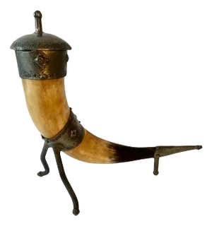 19th Century Lidded Vessel or Sculptural Horn Decorated with Etched Pewter