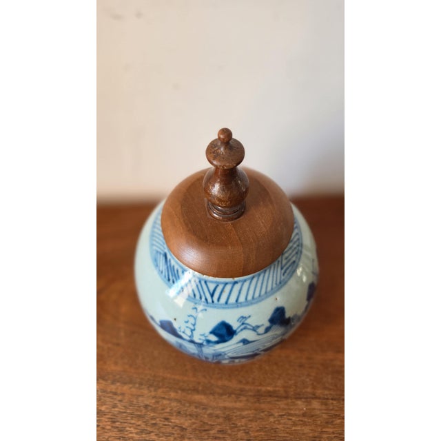 Ceramic 19th Century Qing Dynasty Ginger Jar Blue & White Chinese Porcelain Antique Tea Caddy Covered Jar Chinoiserie Decor For Sale - Image 7 of 11