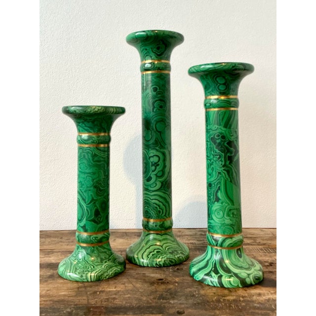 Metal Vintage Italian Oggetti Faux Malachite Candlesticks - Set of 3 For Sale - Image 7 of 12