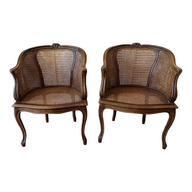 Vintage French Louis XV Style Carved Wood With Cane Arm Chairs a-Pair For Sale