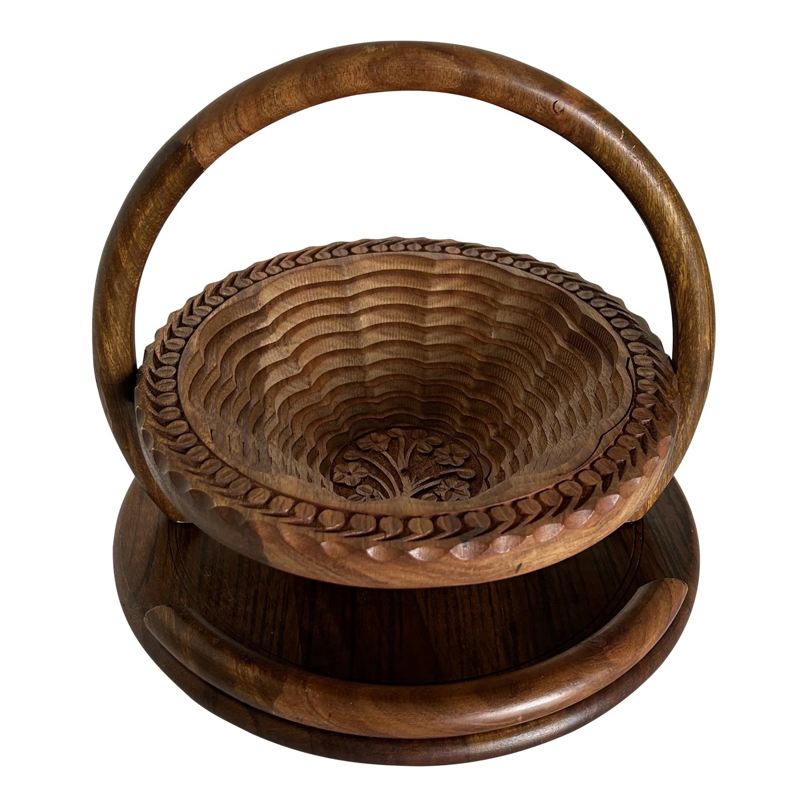 Vintage Handmade Middle Eastern Carved Solid Wood Bowl With Handle