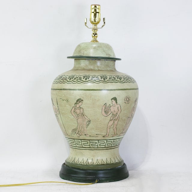 Ceramic Pair of Vintage Hand-Painted Neoclassical Greek Revival Ceramic Temple Jar Table Lamps For Sale - Image 7 of 15