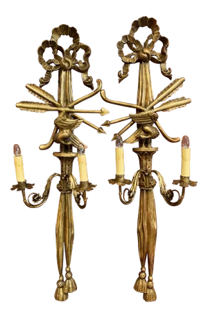 19th Century French Louis XVI Carved Giltwood Two-Light Sconces - a Pair