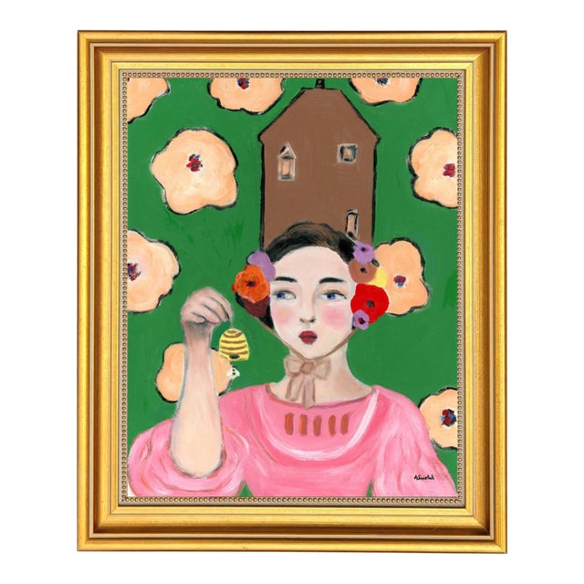 Adele, Beekeeper’s Daughter, Swedish Style, Mid Century Modern Oil Portrait Painting by Alexandra Swistak For Sale