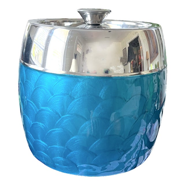 Vintage Aluminum Chrome and Turquoise Guilloché Effect and Ice Bucket / Wine Chiller With Lid – 1970s Modern Italian Barware For Sale