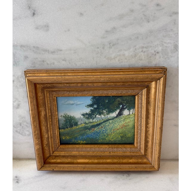 Vintage watercolor painting of Texas hillside featuring bluebonnets in a gold wood frame (with glass) by Texas artist...