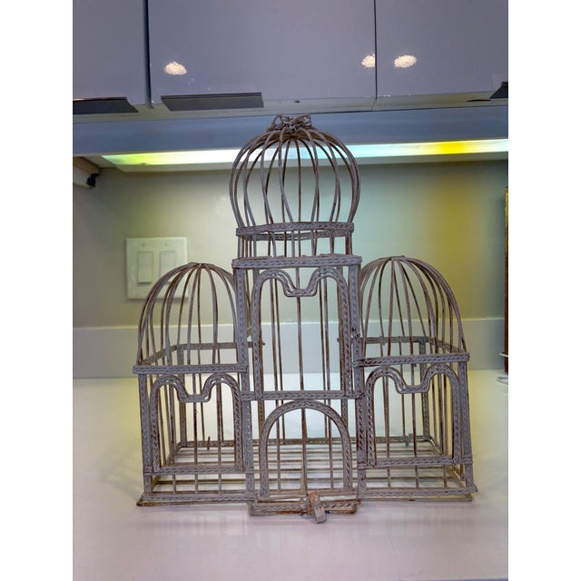 Taj Mahal Style Vintage Distressed White Metal Birdcage With Hanging Chain For Sale In Miami - Image 6 of 17
