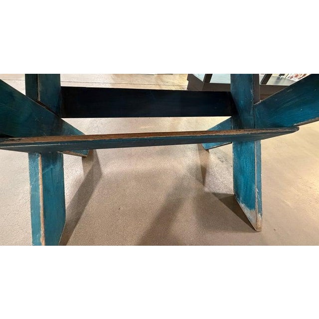 Wood 19thc Scrub Top Blue Painted Trestle Table For Sale - Image 7 of 9