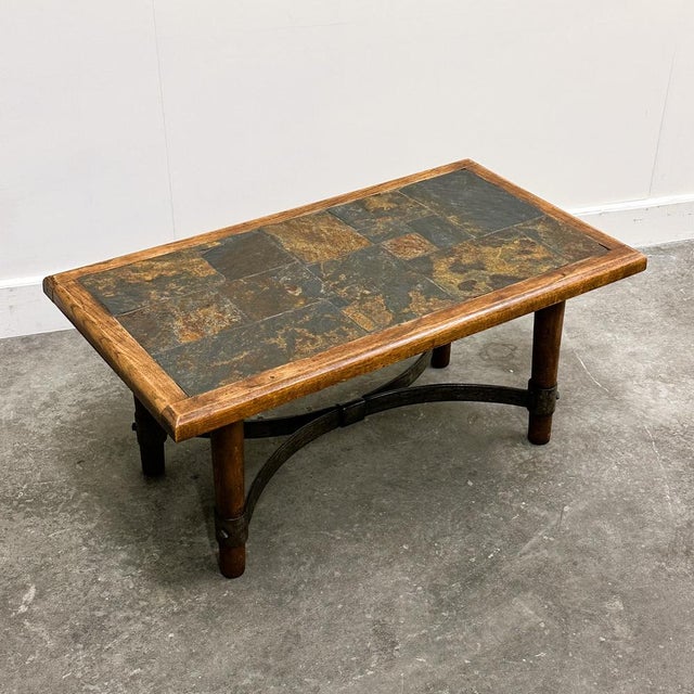 French Slate and Oak Coffee Table with Sculptural Iron Base, 1960s For Sale - Image 10 of 15