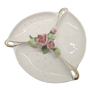 Lefton 3-Part Divided Dish With Capodimonte Roses Midcentury For Sale