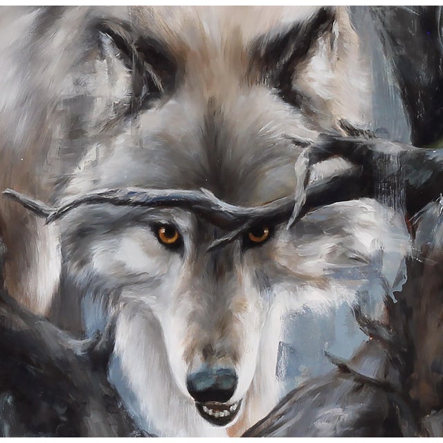 Realism Shade and Shadow by Morgan Cameron | Oil on board Painting of a wolf among trees and branches For Sale - Image 3 of 5
