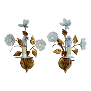 Pair of Willy Daro Belgium Brass & Enamel Flower Sconce Gold White Finish 1960