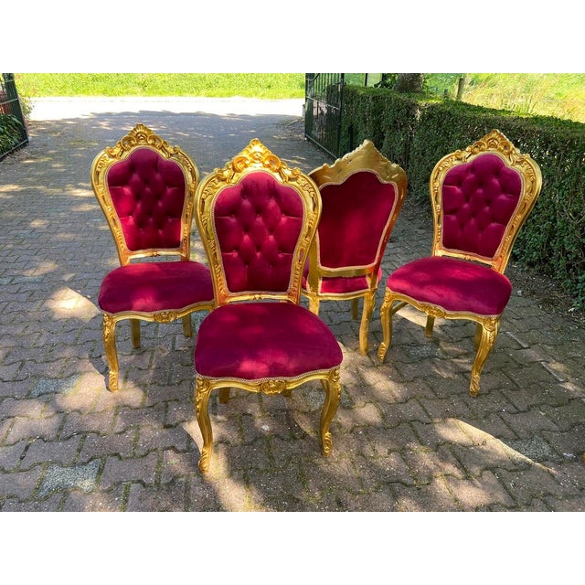 Late 20c French Louis XVI Gold Beech Burgundy Velvet Chairs - Set of 4 PCS For Sale - Image 4 of 8