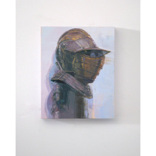 This oil painting presents a side profile of a figure adorned in intricate armor, exuding a sense of both strength and...