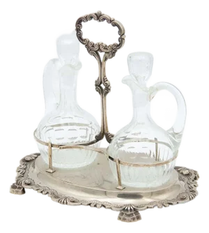 Embossed Silver and Glass Cruet Set, Set of 3