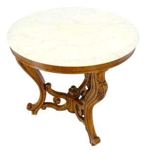 Fine Carved Wood Base Marble Top 31” Diameter Gueridon Center Table Widdicomb