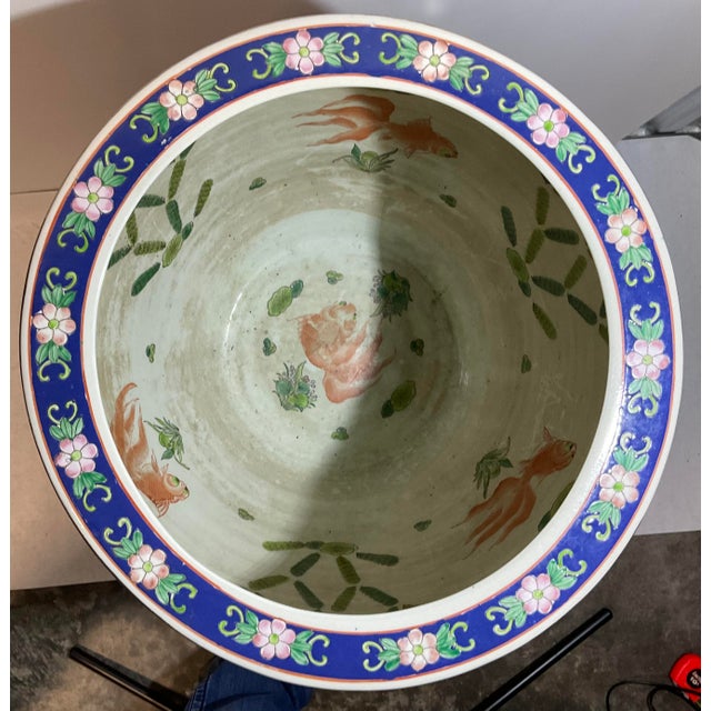 Vintage Chinese Koi Fish Porcelain Jardiniere Blue With Floral Fish Bowl, Pair For Sale - Image 4 of 12