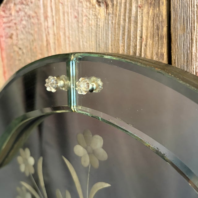 Elegant Venetian neoclassical mirror with arched top and intricate engravings of delicate vines and flowers in a central...