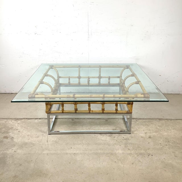 Banci 1970s Hollywood Regency Bamboo and Chrome Square Glass Coffee Table For Sale - Image 4 of 18