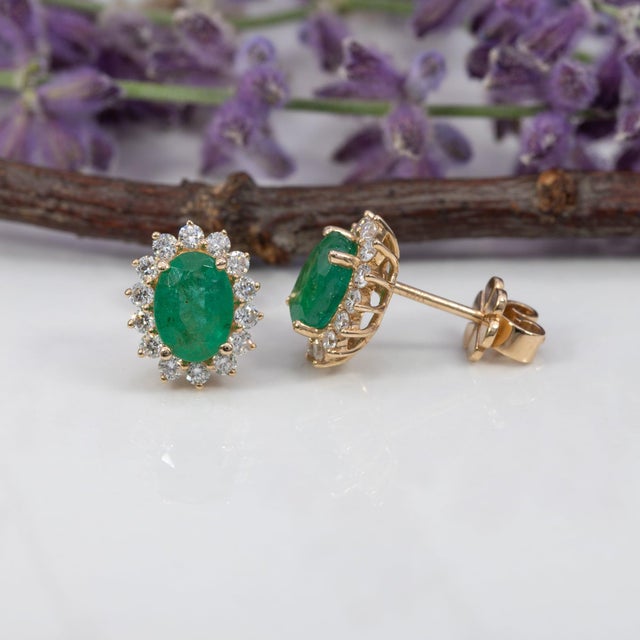 1.8Ct Zambian Emerald Earrings With Diamond Accents in Solid 14k Gold, 7x5mm, Pair For Sale - Image 4 of 7