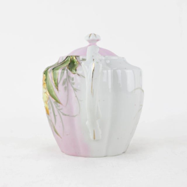 Vintage Pink Floral Teapot With Yellow Blossoms and Green Leaves – Hand-Painted Porcelain Teapot, Collectible Art Deco Style For Sale - Image 4 of 11