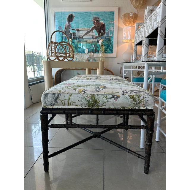 Vintage Faux Bamboo Ottomans Benches Stools Birds New Upholstery -A Pair For Sale In West Palm - Image 6 of 13